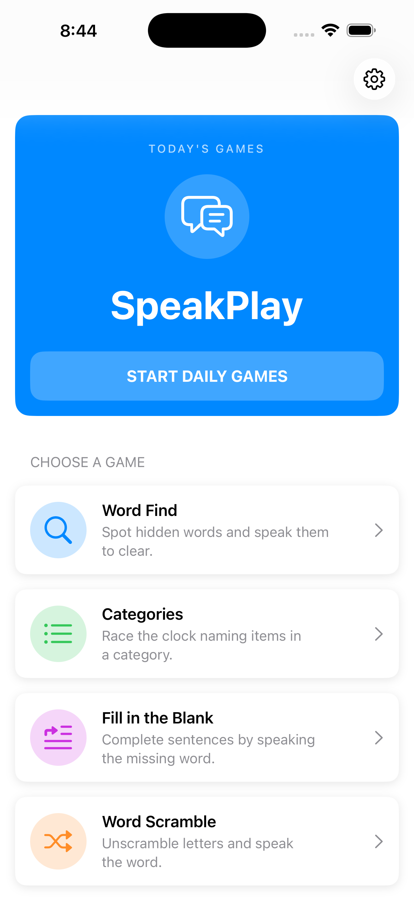 SpeakPlay Home Screen